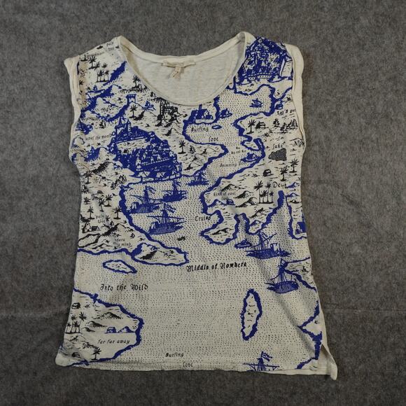 Maje Top Womens 3 Large Linen Map Print Short Sleeve White Blue Beachy - Picture 1 of 9